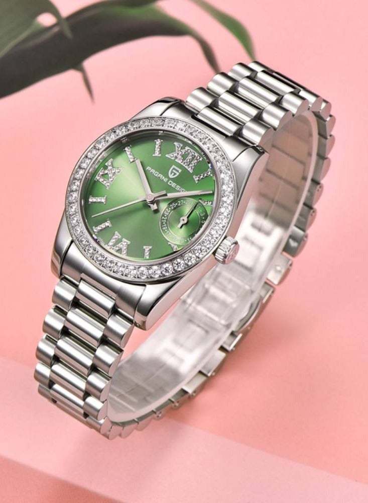 PD-1776 Women's Watches 32mm Luxury Stainless Steel Waterproof Wrist Watch for Women Diamond Bezel Sapphire Dial Glass