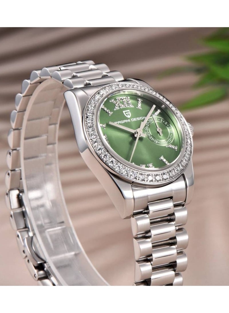 PD-1776 Women's Watches 32mm Luxury Stainless Steel Waterproof Wrist Watch for Women Diamond Bezel Sapphire Dial Glass