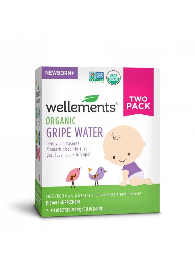 Wellements Gripe Water 4 Fl Oz (Pack Of 2) Relief For Baby Gas, Colic And Fussiness, Herbal Remedy Of Chamomile, Fennel Seed And Ginger Root, Usda Certified Organic, Gluten Free And Non Gmo, Ages New