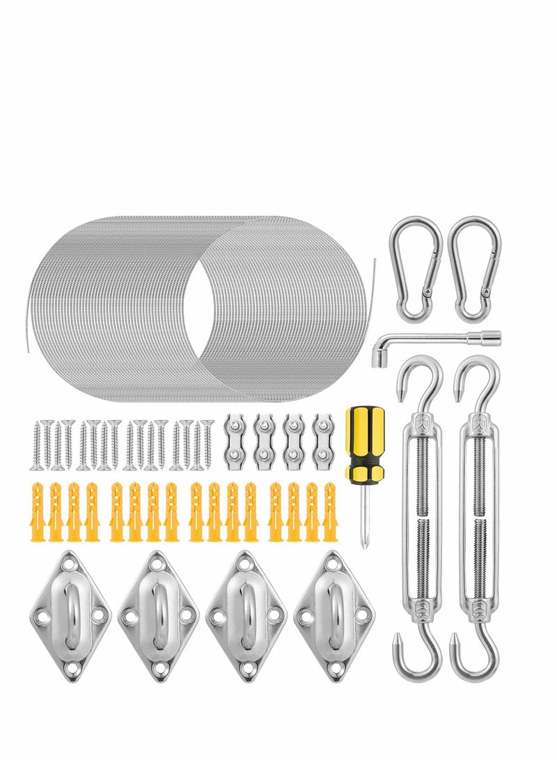 47pcs Triangle & Rectangle Shade Sail Hardware Kit 6 Inches 304 Marine Stainless Steel Sun Shade Sail Installation Hardware Kit with 50ft Wire Rope for Sun Shade Sail in Outdoor Patio Lawn Garden