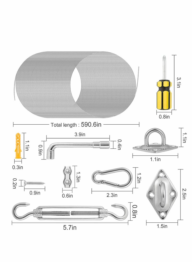 47pcs Triangle & Rectangle Shade Sail Hardware Kit 6 Inches 304 Marine Stainless Steel Sun Shade Sail Installation Hardware Kit with 50ft Wire Rope for Sun Shade Sail in Outdoor Patio Lawn Garden