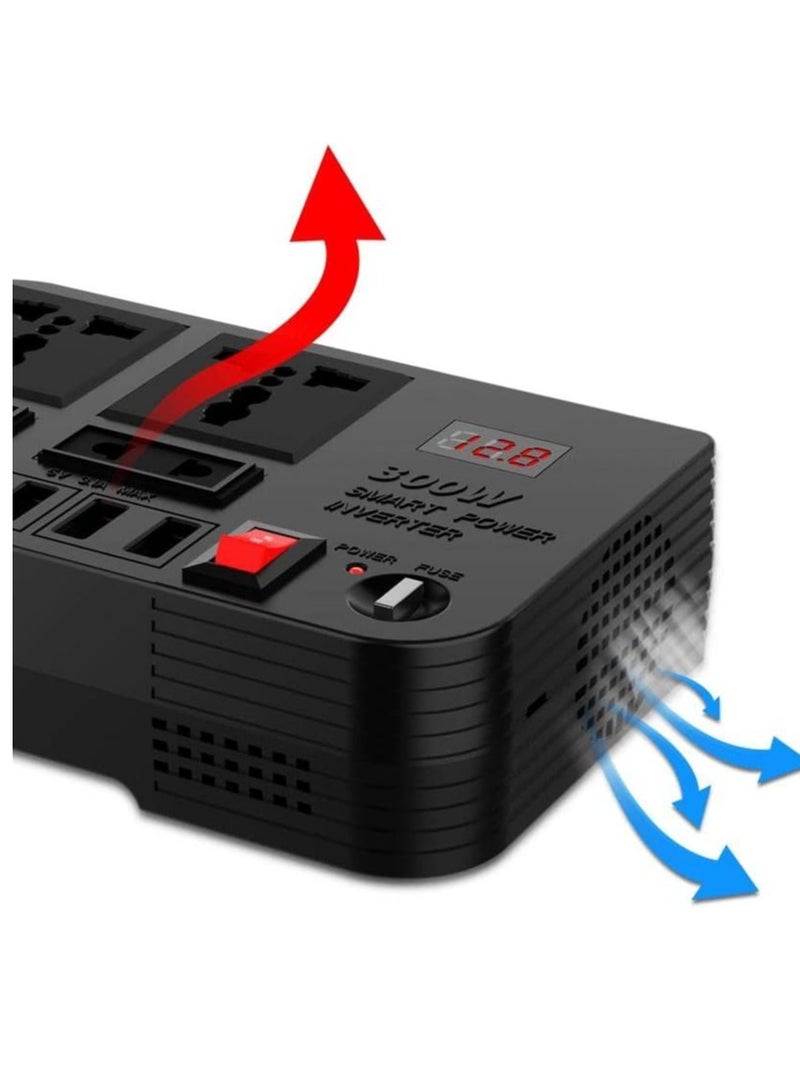 High-Performance 300W Inverter: Converts 12V/24V DC to 220V AC, Equipped with 4 USB Ports for Fast Charging and 2 Universal Sockets for All Devices