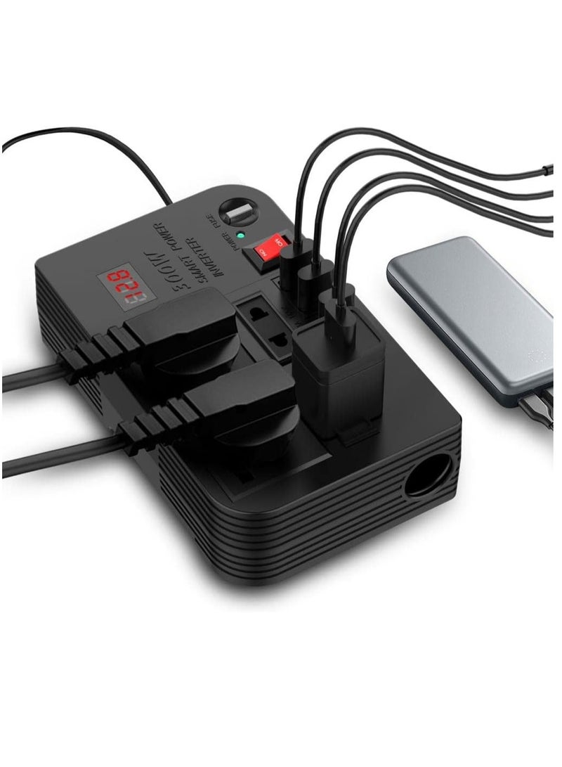 High-Performance 300W Inverter: Converts 12V/24V DC to 220V AC, Equipped with 4 USB Ports for Fast Charging and 2 Universal Sockets for All Devices