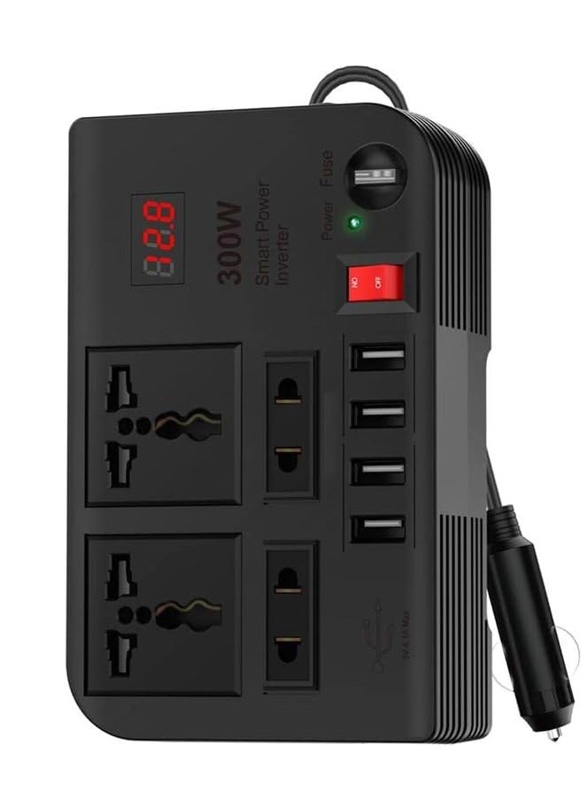 High-Performance 300W Inverter: Converts 12V/24V DC to 220V AC, Equipped with 4 USB Ports for Fast Charging and 2 Universal Sockets for All Devices