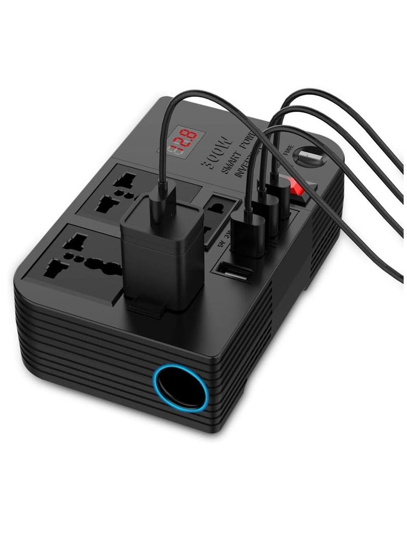 High-Performance 300W Inverter: Converts 12V/24V DC to 220V AC, Equipped with 4 USB Ports for Fast Charging and 2 Universal Sockets for All Devices