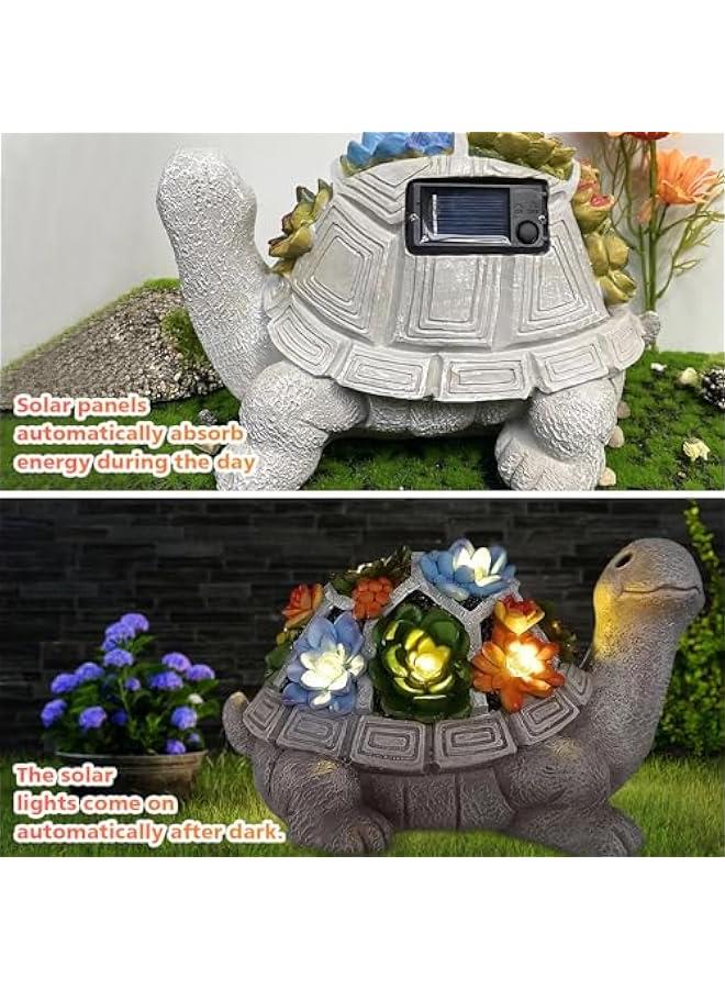 Solar Garden Outdoor Statues Turtle,Statue with Succulent & LED Lights Garden Tortoise Statue Solar Powered Turtle Figurine for Patio Balcony Yard Lawn Decoration Ornament