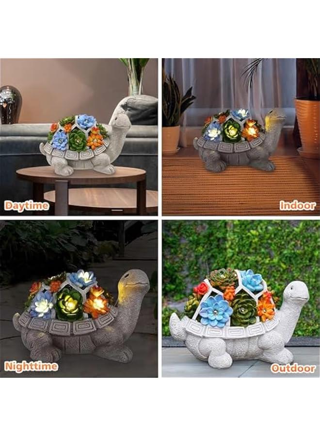 Solar Garden Outdoor Statues Turtle,Statue with Succulent & LED Lights Garden Tortoise Statue Solar Powered Turtle Figurine for Patio Balcony Yard Lawn Decoration Ornament