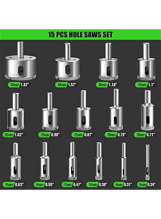 Diamond Hole Saw Kit 17PCS Tile Drill Bits Sets with Double Suction Cups Hole Saw Guide Jig Fixture from 4 mm-83 mm Hollow Drill Hole Saw Set for Ceramic, Glass, Tile, Porcelain, Marble, Granite