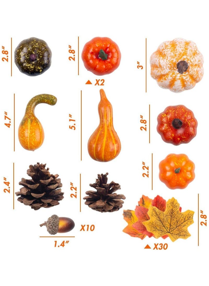 Artificial Pumpkins Gourds Home Decoration Set 50PCS Pumpkins Decoration Harvest Decoration 30 Fake Maple Leaves 10 Fake Acorns 2 Fake Pinecones 8 Fake Pumpkin (50pcs)