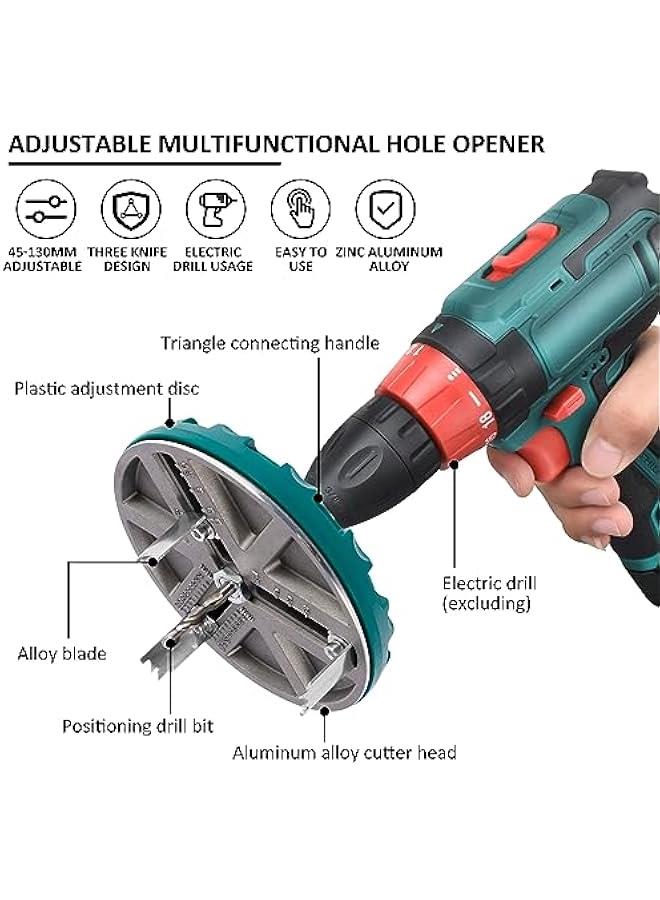 Adjustable Round Hole Saw Tool, Diameter 45-130mm Adjustable Punching Saw, Adjustable Punch Saw Tool for Drilling, Round Hole Opener Tool for Wood Plywood Plastic (with 6 Blades)