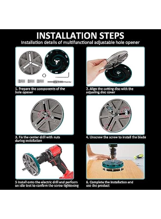 Adjustable Round Hole Saw Tool, Diameter 45-130mm Adjustable Punching Saw, Adjustable Punch Saw Tool for Drilling, Round Hole Opener Tool for Wood Plywood Plastic (with 6 Blades)