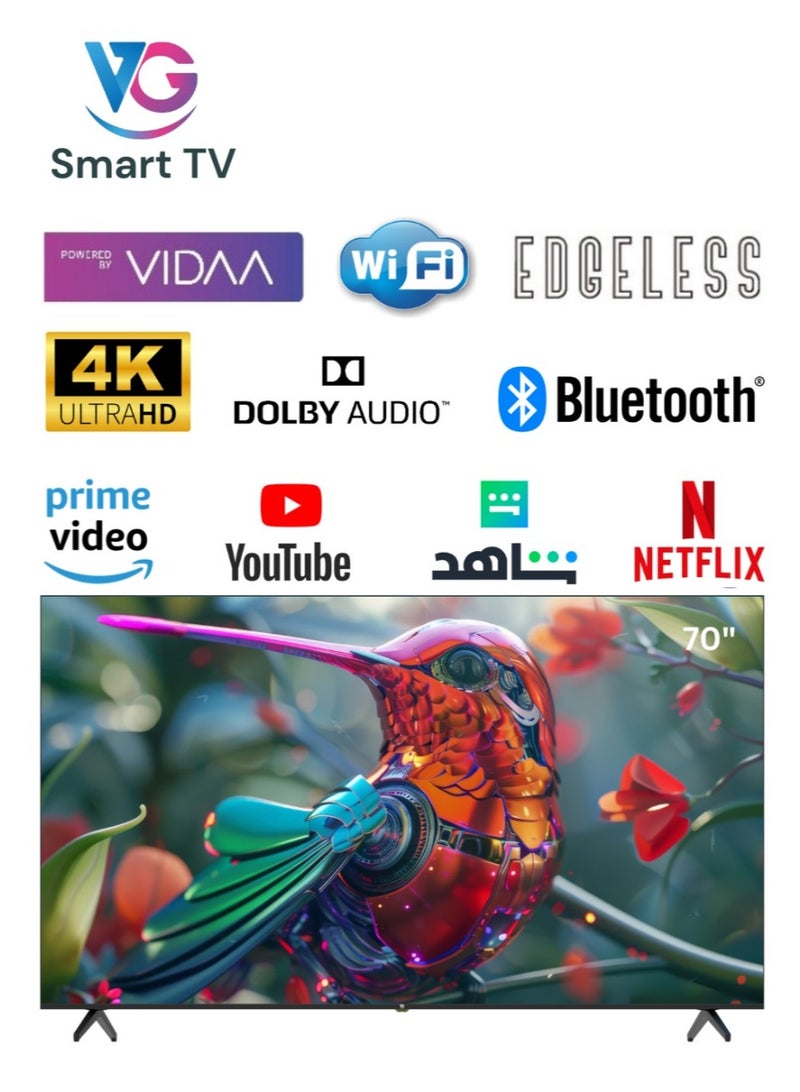 70-Inch Edgeless 4K UHD VIDAA Smart TV | Voice Remote, Bluetooth, Dolby Audio | Free Wall Mount | 2024 VGLED70VDU Model