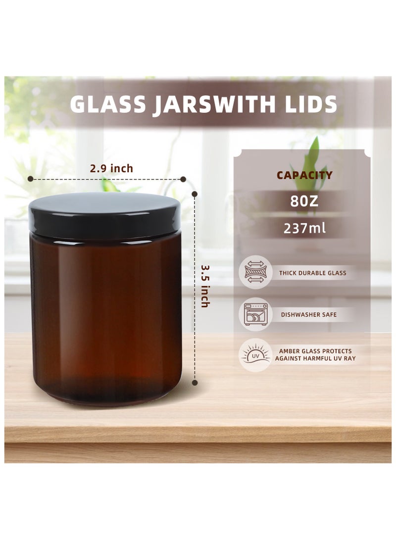 12 Pack, 8 OZ Brown Thick Glass Jars with Lids, Brown Candle Jars with 12 Metal & 12 Plastic Lids - Empty Round Food Storage Containers, Canning Jar For Spice, Powder
