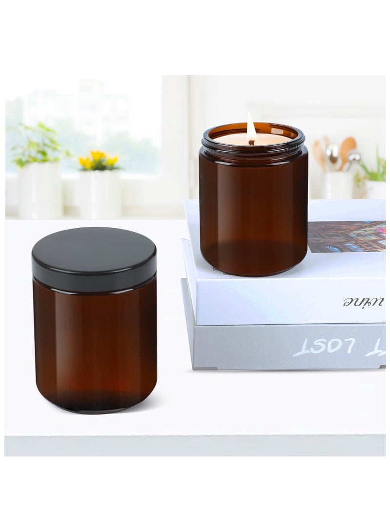 12 Pack, 8 OZ Brown Thick Glass Jars with Lids, Brown Candle Jars with 12 Metal & 12 Plastic Lids - Empty Round Food Storage Containers, Canning Jar For Spice, Powder