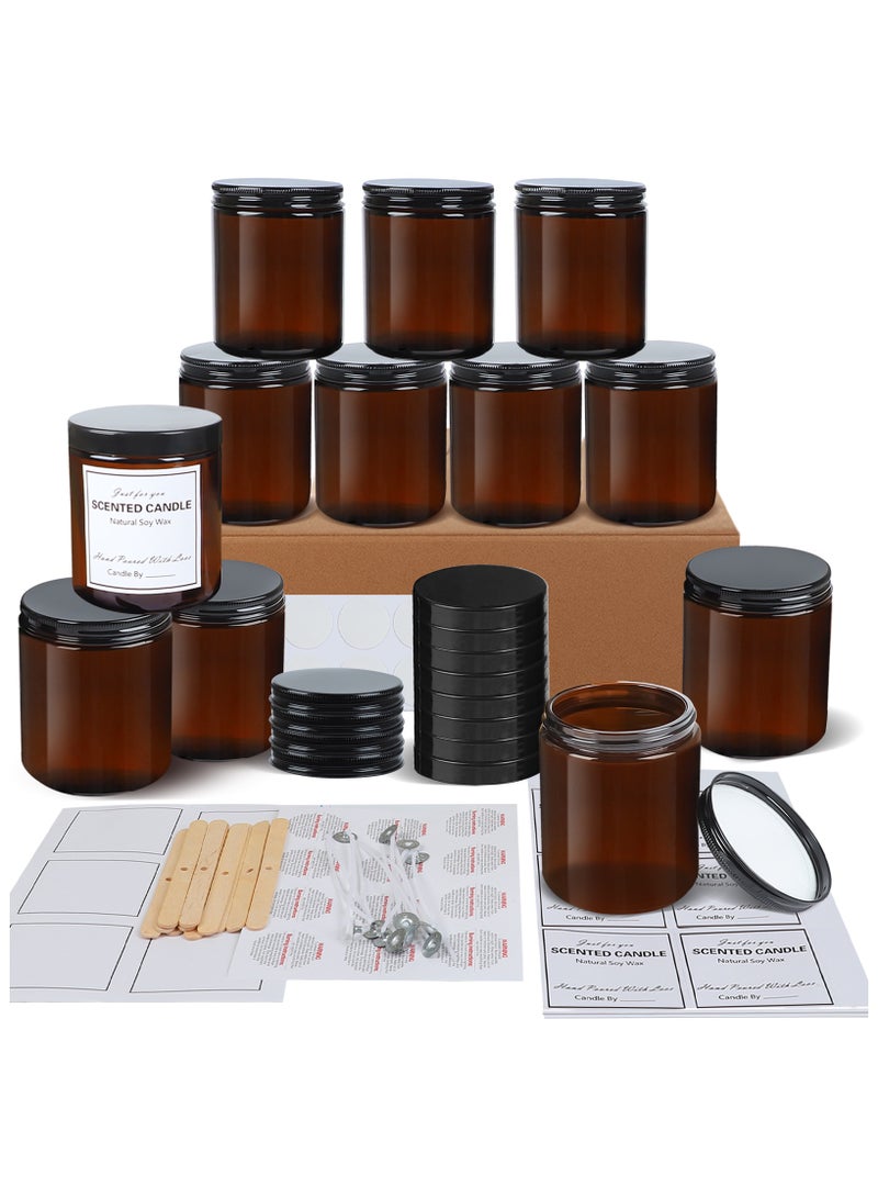 12 Pack, 8 OZ Brown Thick Glass Jars with Lids, Brown Candle Jars with 12 Metal & 12 Plastic Lids - Empty Round Food Storage Containers, Canning Jar For Spice, Powder