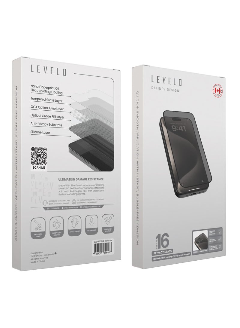 iPhone 16 Pro Max Screen Protector 2.5D Silk Print Privacy Glass with Silicone Edge / Super Smooth & Responsive / Scratch Resistant Glass / Impact Resistance Protector - Black