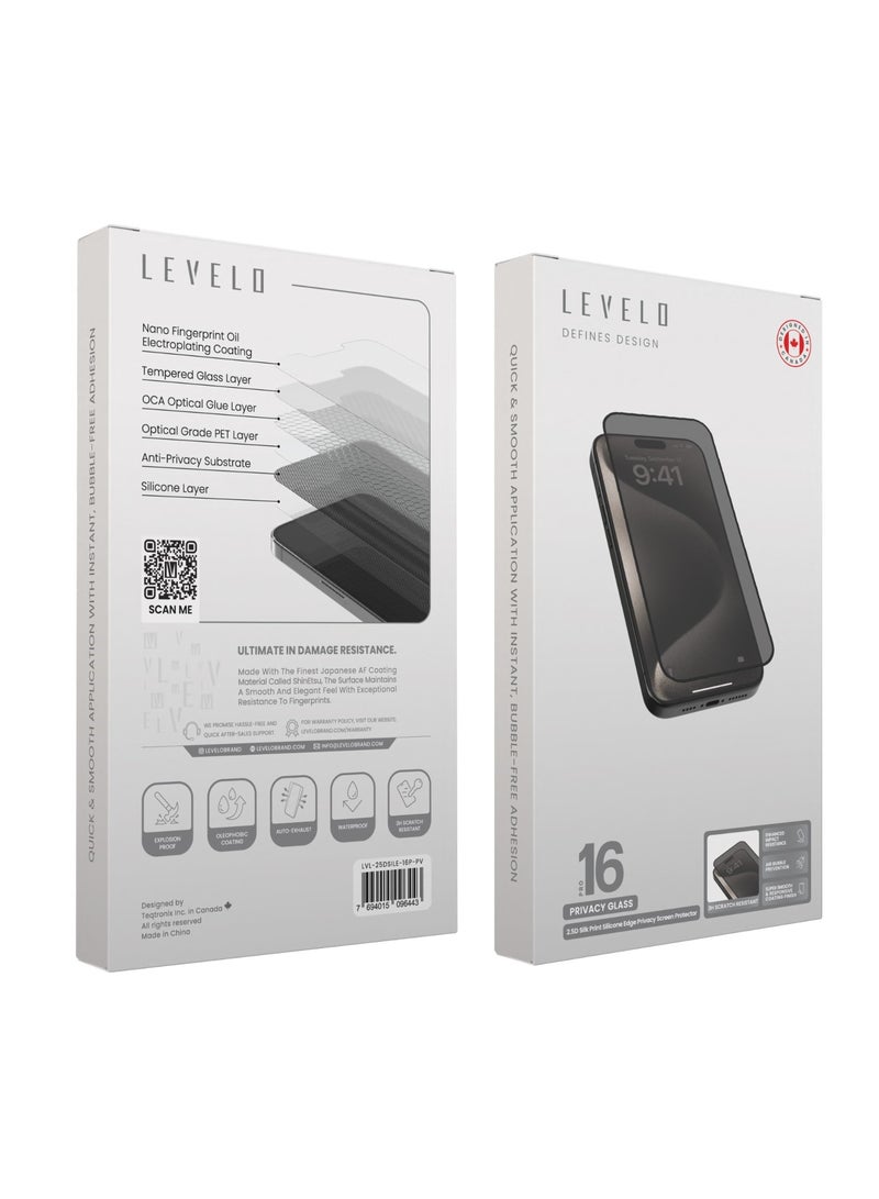 iPhone 16 Pro Screen Protector 2.5D Silk Print Privacy Glass with Silicone Edge / Super Smooth & Responsive / Scratch Resistant Glass / Impact Resistance Protector - Black