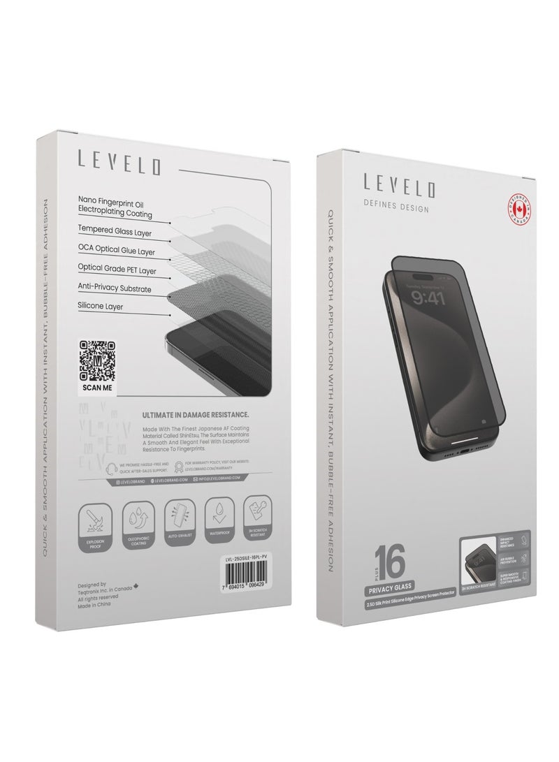 iPhone 16 Plus Screen Protector 2.5D Silk Print Privacy Glass with Silicone Edge / Super Smooth & Responsive / Scratch Resistant Glass / Impact Resistance Protector - Black