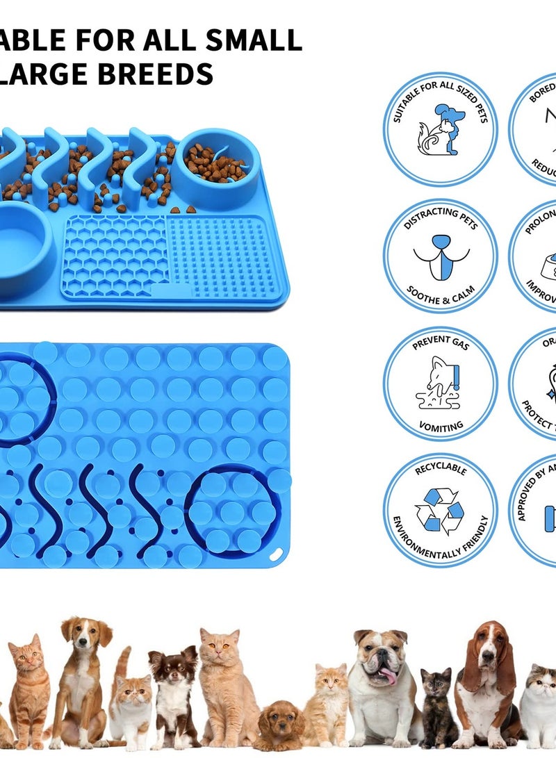 3-in-1 Silicone Lick Mat for Dogs and Cats, Slow Feeder with Suction Cup, Ideal for Treats and Anxiety Relief, Blue