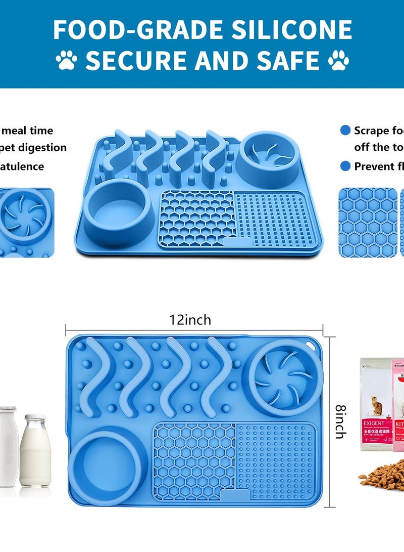 3-in-1 Silicone Lick Mat for Dogs and Cats, Slow Feeder with Suction Cup, Ideal for Treats and Anxiety Relief, Blue