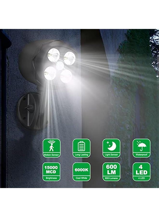 Motion Sensor Outdoor Lights, Battery Operated Outdoor Lights, 600LM Motion Detector Lights for Outside, 6000K LED Security Light Battery Powered Spotlight for House Wall, Black(2 Pack)