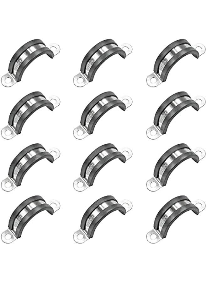 12 Pcs 30mm Rubber Pipe Strap 304 stainless steel Rubber Cushioned Cable Clamp, 2 hole u-tube strap clamp for Tube, Pipe or Wire Cord Installation