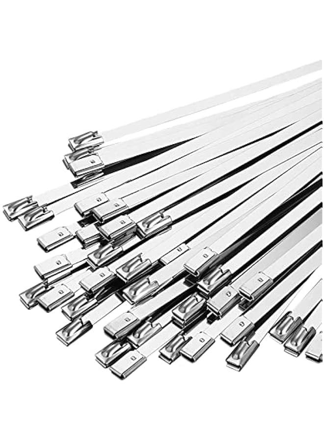 100PCS 11.8 Inch Metal Cable Zip Ties Heavy Duty, Premium Stainless Steel Cable Zip Ties with 198LBS Tensile Strength, Self-Locking Steel Exhaust Wrap Wire Ties for Indoor and Outdoor