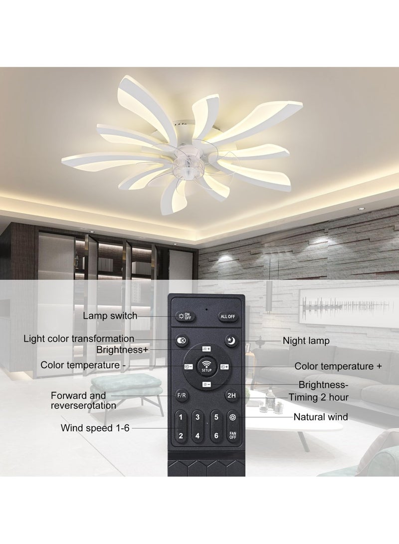 Modern Dimmable White LED 5-Lights Ceiling Fan with Lights, 70cm Small Semi Flush Mount Silent Ceiling Fan with Lamp, Reversible 6-Speed Ceiling Fan Lighting Fixture for Living Room Bedroom