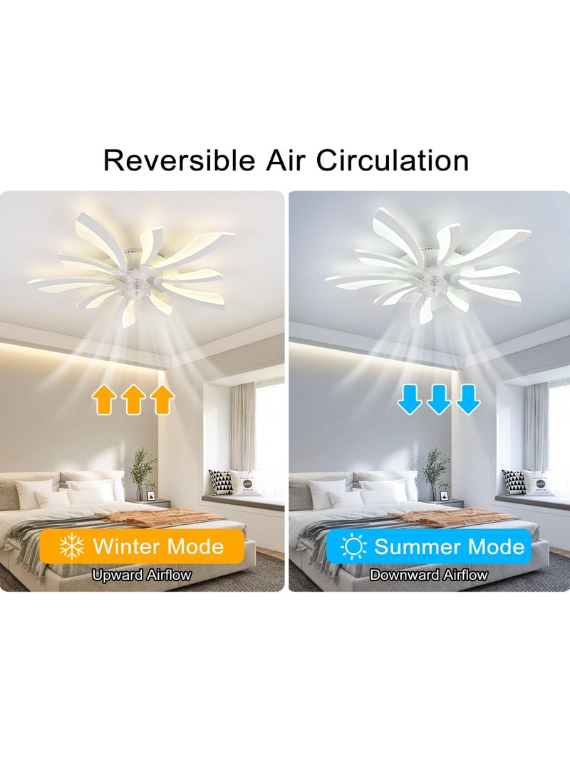 Modern Dimmable White LED 5-Lights Ceiling Fan with Lights, 70cm Small Semi Flush Mount Silent Ceiling Fan with Lamp, Reversible 6-Speed Ceiling Fan Lighting Fixture for Living Room Bedroom