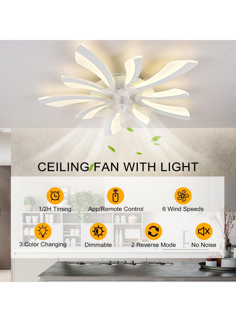 Modern Dimmable White LED 5-Lights Ceiling Fan with Lights, 70cm Small Semi Flush Mount Silent Ceiling Fan with Lamp, Reversible 6-Speed Ceiling Fan Lighting Fixture for Living Room Bedroom