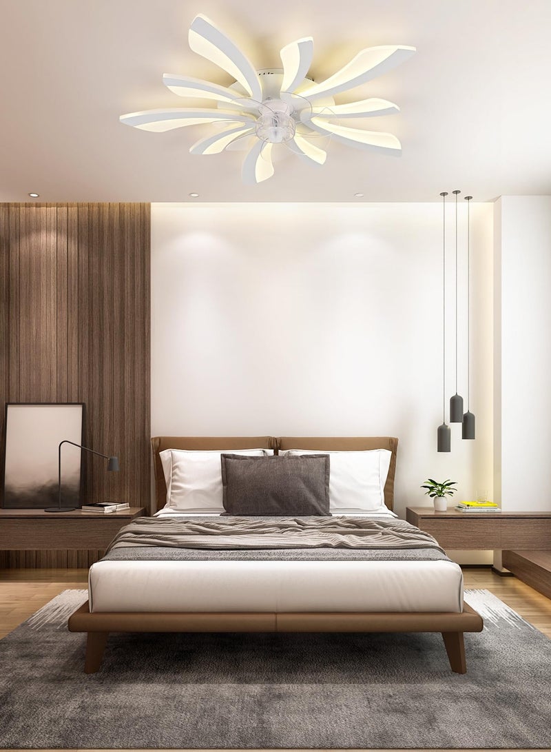 Modern Dimmable White LED 5-Lights Ceiling Fan with Lights, 70cm Small Semi Flush Mount Silent Ceiling Fan with Lamp, Reversible 6-Speed Ceiling Fan Lighting Fixture for Living Room Bedroom