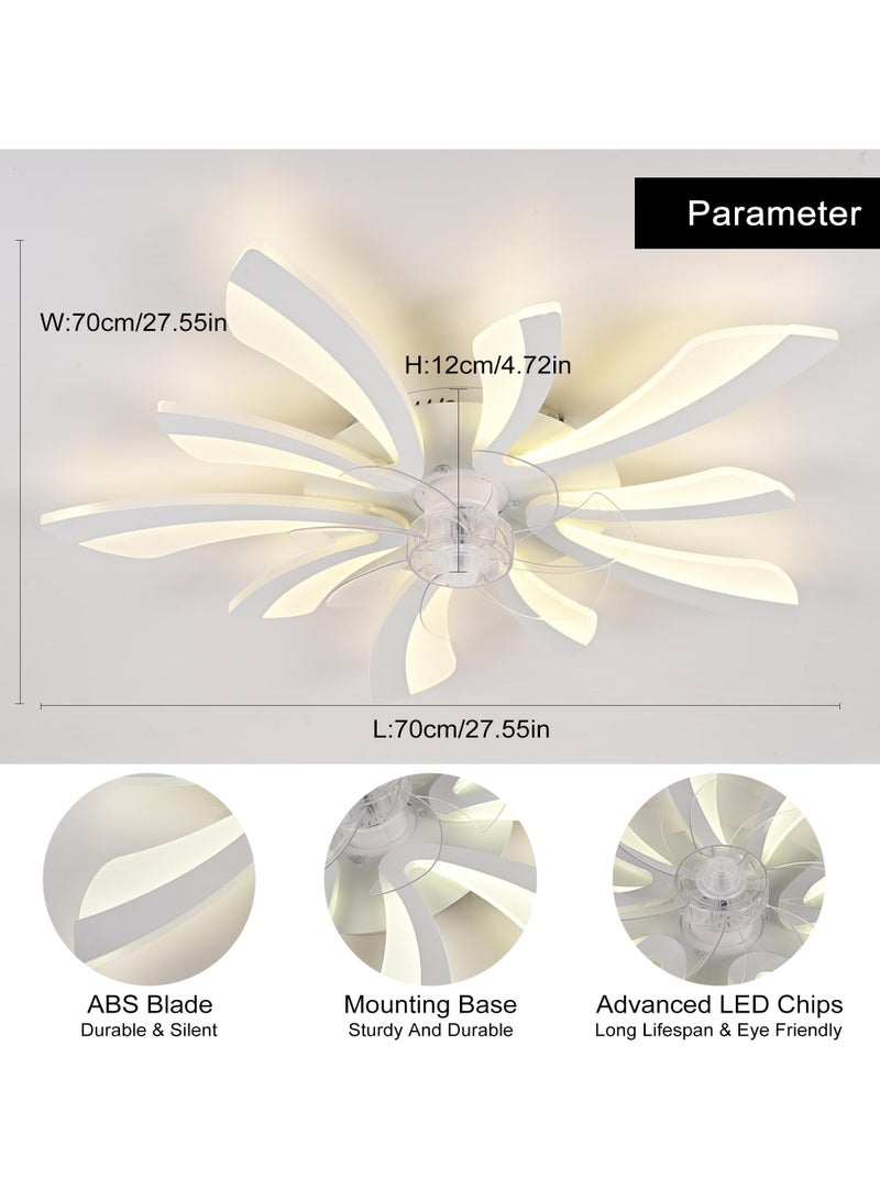 Modern Dimmable White LED 5-Lights Ceiling Fan with Lights, 70cm Small Semi Flush Mount Silent Ceiling Fan with Lamp, Reversible 6-Speed Ceiling Fan Lighting Fixture for Living Room Bedroom