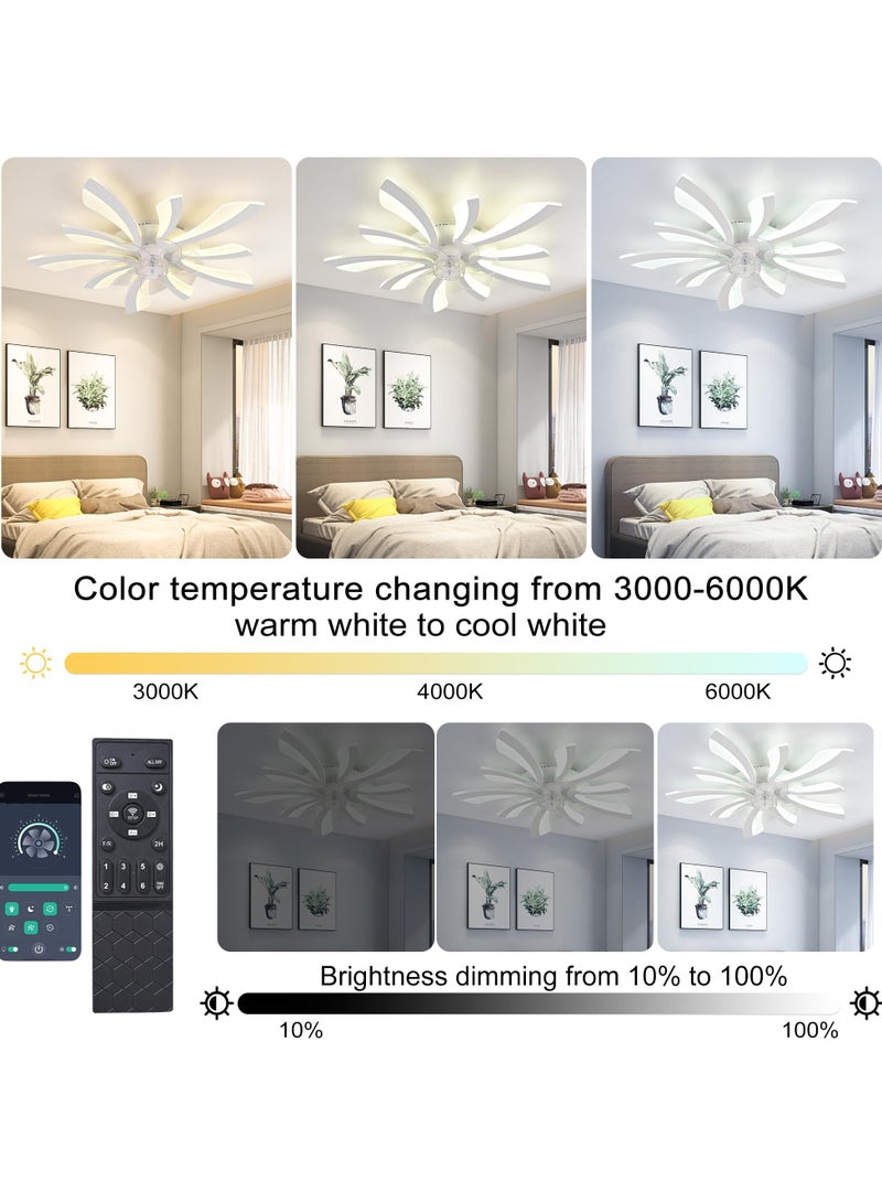 Modern Dimmable White LED 5-Lights Ceiling Fan with Lights, 70cm Small Semi Flush Mount Silent Ceiling Fan with Lamp, Reversible 6-Speed Ceiling Fan Lighting Fixture for Living Room Bedroom