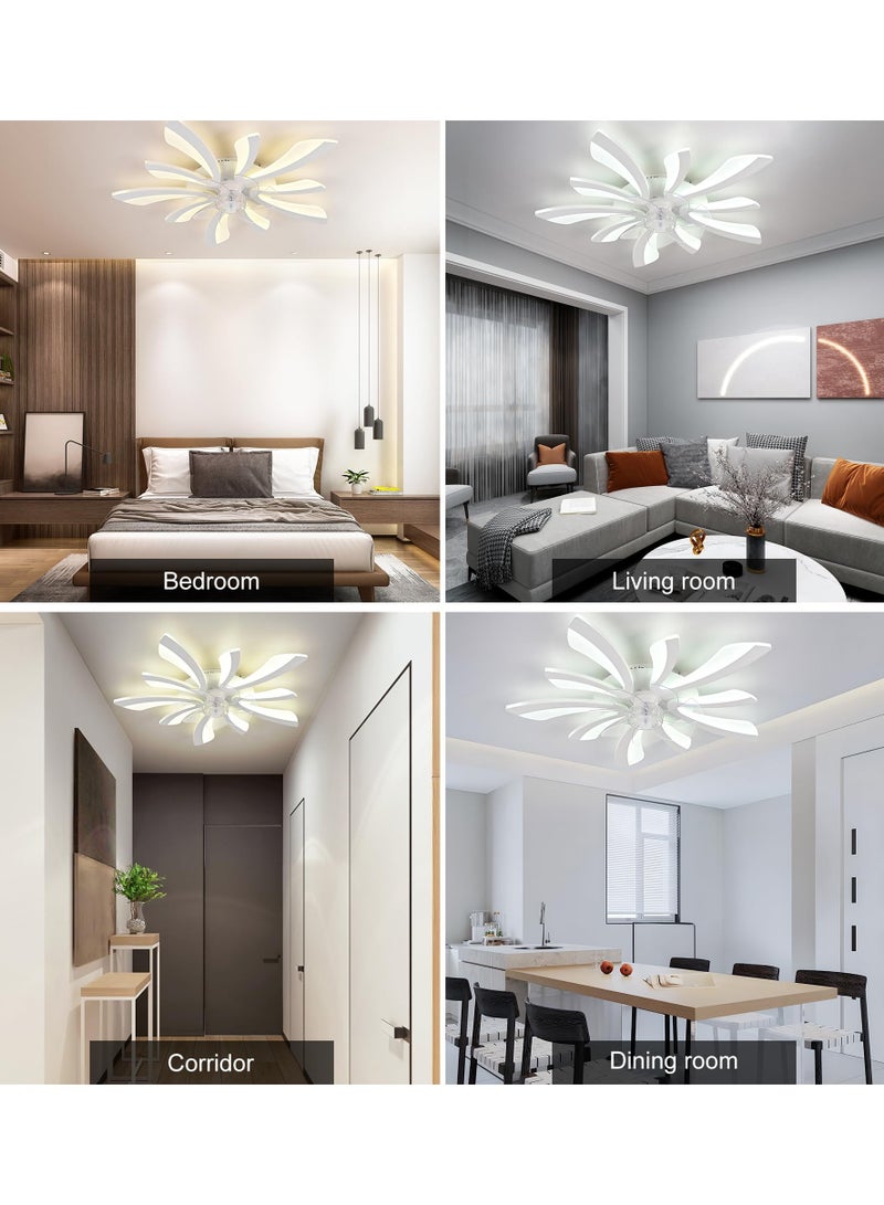 Modern Dimmable White LED 5-Lights Ceiling Fan with Lights, 70cm Small Semi Flush Mount Silent Ceiling Fan with Lamp, Reversible 6-Speed Ceiling Fan Lighting Fixture for Living Room Bedroom