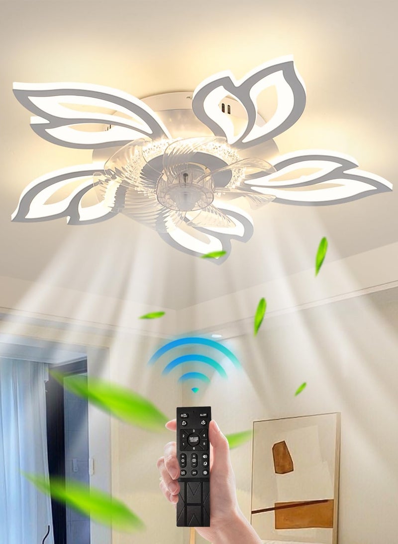 26.7in Modern Ceiling Fan with Light, Bladeless Fandelier Ceiling Fan with Remote,Low Profile Ceiling Fan with Light for Kitchen, Bedroom（6 Speed, Timing,Dimmable）-White