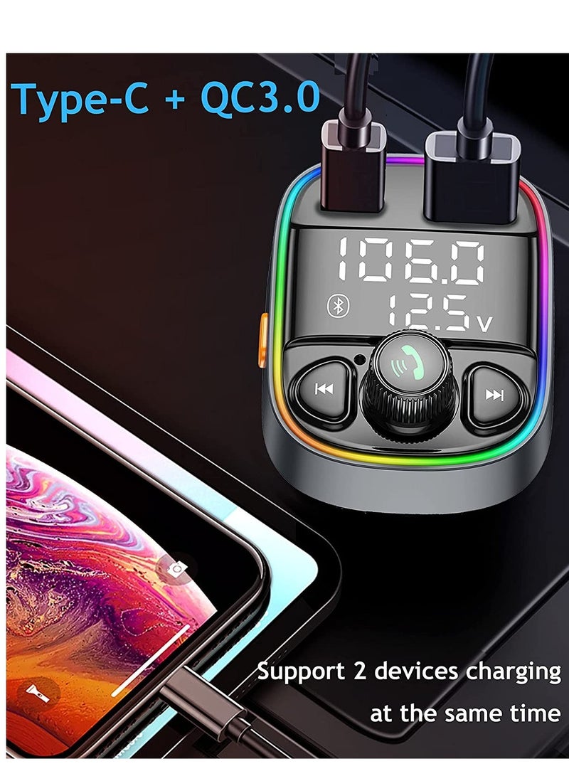 Wireless Bluetooth Car Adapter,FM Transmitter AUX Radio Receiver,Handsfree Call,QC3.0 & Type-C USB Car Charger Ports, 7 Color Backlit with 2 LED Display, TF Card & USB Music Player