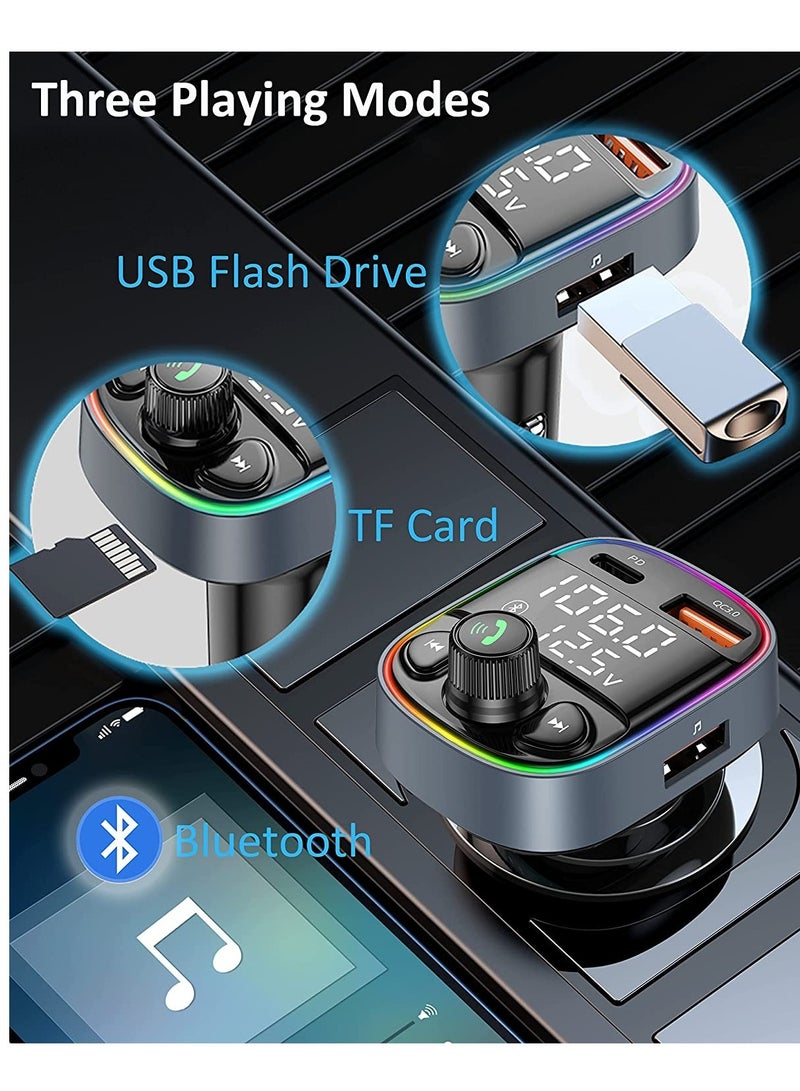 Wireless Bluetooth Car Adapter,FM Transmitter AUX Radio Receiver,Handsfree Call,QC3.0 & Type-C USB Car Charger Ports, 7 Color Backlit with 2 LED Display, TF Card & USB Music Player