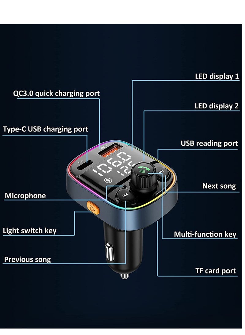 Wireless Bluetooth Car Adapter,FM Transmitter AUX Radio Receiver,Handsfree Call,QC3.0 & Type-C USB Car Charger Ports, 7 Color Backlit with 2 LED Display, TF Card & USB Music Player