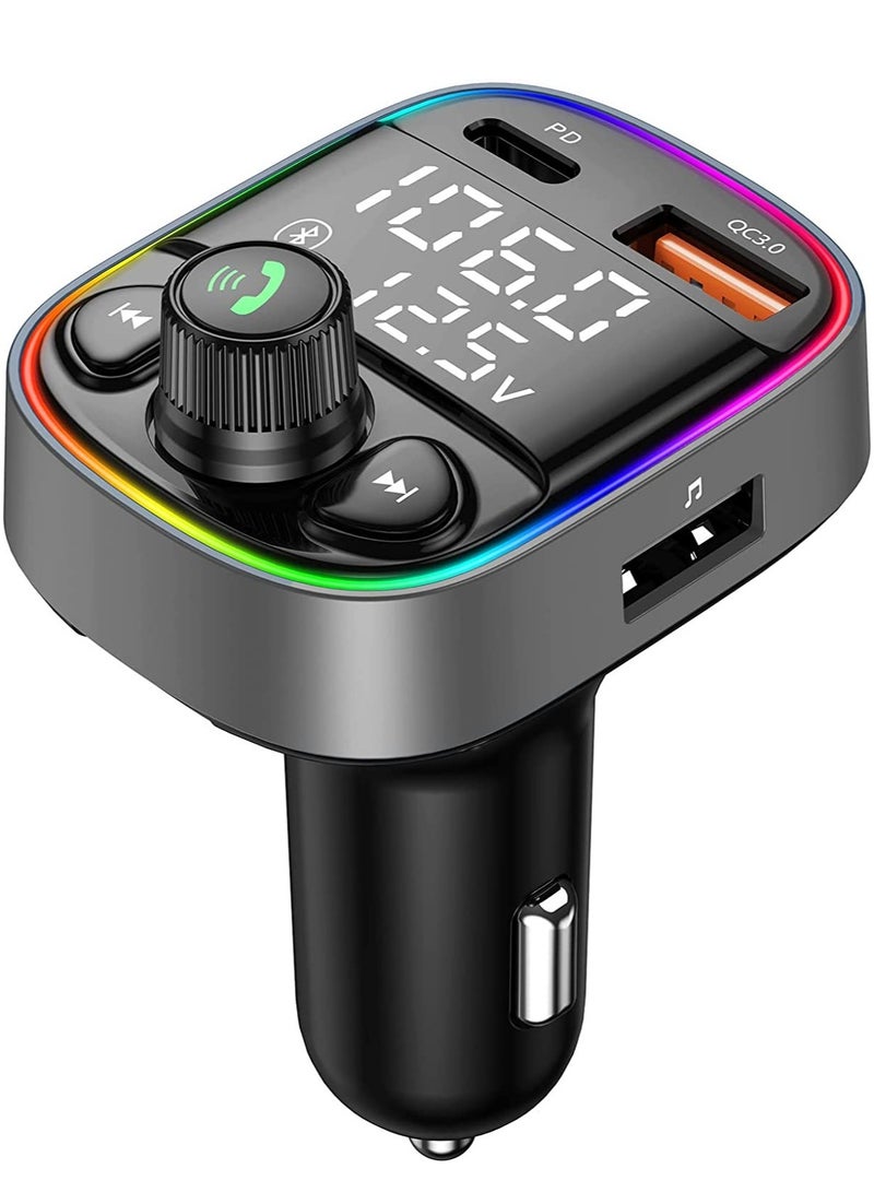 Wireless Bluetooth Car Adapter,FM Transmitter AUX Radio Receiver,Handsfree Call,QC3.0 & Type-C USB Car Charger Ports, 7 Color Backlit with 2 LED Display, TF Card & USB Music Player