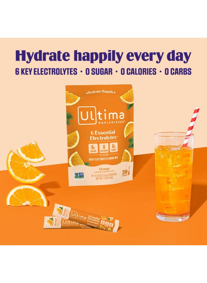 Ultima Replenisher Electrolyte Hydration Powder, Orange, 20 Count Stickpacks - Sugar Free, 0 Calories, 0 Carbs - Gluten-Free, Keto, Non-GMO with Magnesium, Potassium, Calcium, 2.4 Ounce (Pack of 1)