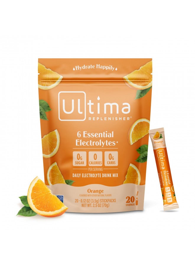 Ultima Replenisher Electrolyte Hydration Powder, Orange, 20 Count Stickpacks - Sugar Free, 0 Calories, 0 Carbs - Gluten-Free, Keto, Non-GMO with Magnesium, Potassium, Calcium, 2.4 Ounce (Pack of 1)