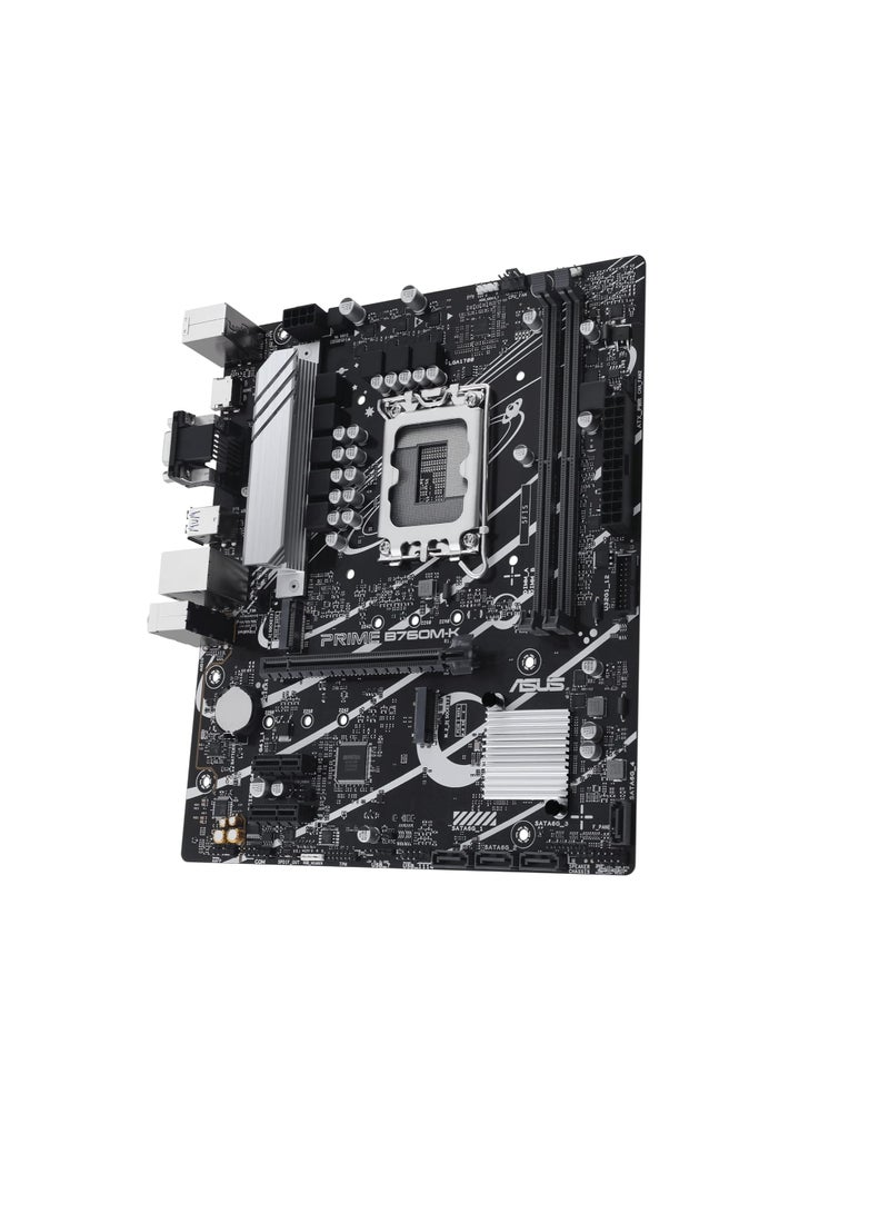 ASUS Prime B760M-K, Intel B760 LGA 1700 mATX motherboard with PCIe 4.0, two PCIe 4.0 M.2 slots, DDR5, Realtek 2.5Gb Ethernet, VGA, HDMI, SATA 6 Gbps, Front USB 3.2 Gen 1, Aura Sync - Black