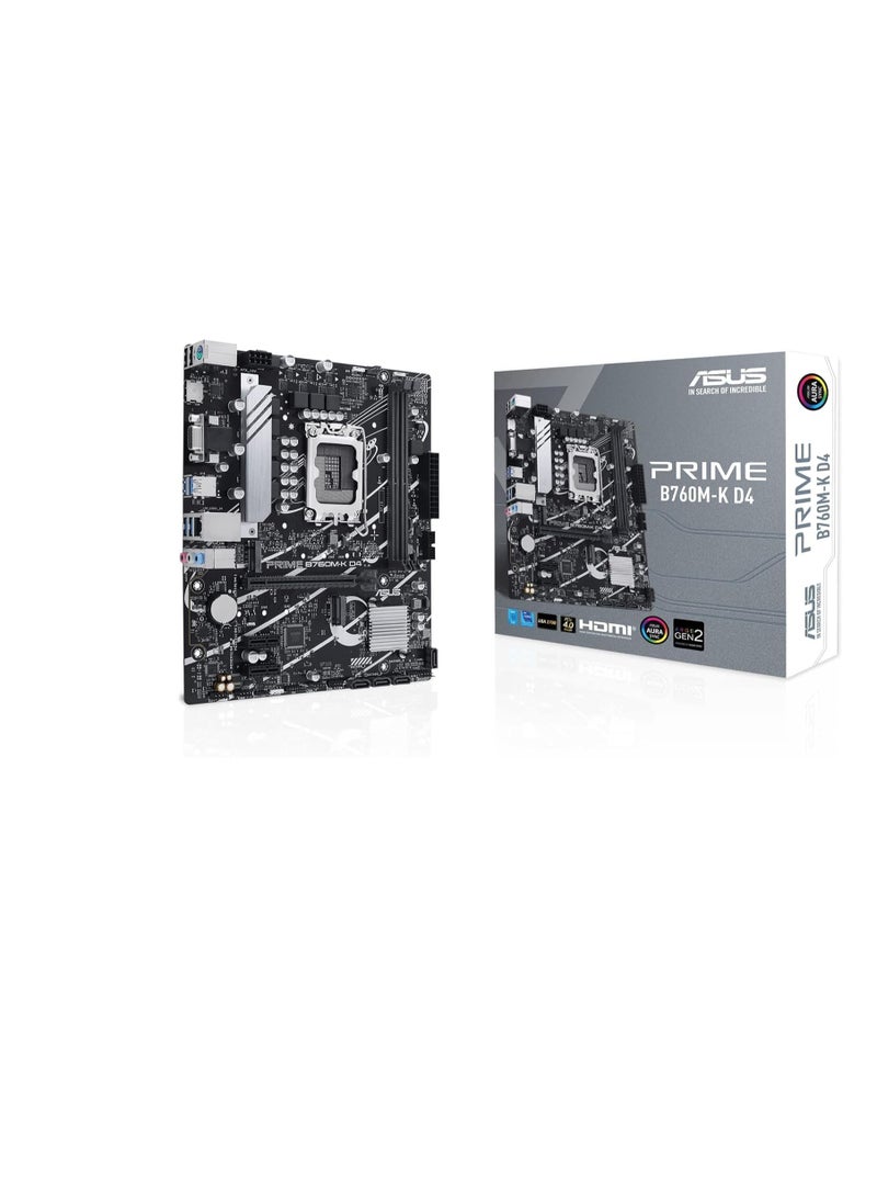 ASUS Prime B760M-K, Intel B760 LGA 1700 mATX motherboard with PCIe 4.0, two PCIe 4.0 M.2 slots, DDR5, Realtek 2.5Gb Ethernet, VGA, HDMI, SATA 6 Gbps, Front USB 3.2 Gen 1, Aura Sync - Black