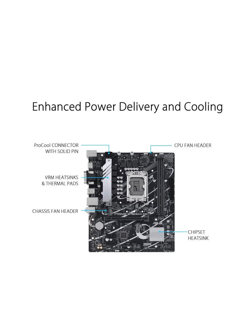 ASUS Prime B760M-K, Intel B760 LGA 1700 mATX motherboard with PCIe 4.0, two PCIe 4.0 M.2 slots, DDR5, Realtek 2.5Gb Ethernet, VGA, HDMI, SATA 6 Gbps, Front USB 3.2 Gen 1, Aura Sync - Black