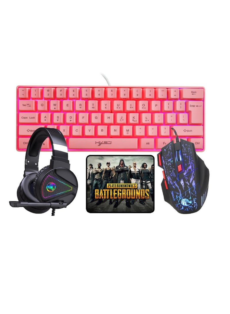 4-in-1 Gaming Keyboard Mouse Combo 61 Keys Rainbow Backlit Mechanical Keyboard RGB Backlit 5500 DPI Lightweight Gaming Mouse 3.5mm Gaming Stereo Headset For Pc Laptop Computer Pink