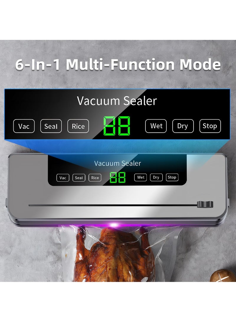 Vacuum Sealer Machine, 50 Vacuum Bags, Built-in Cutter, LED Indicators, for Dry/Moist Food