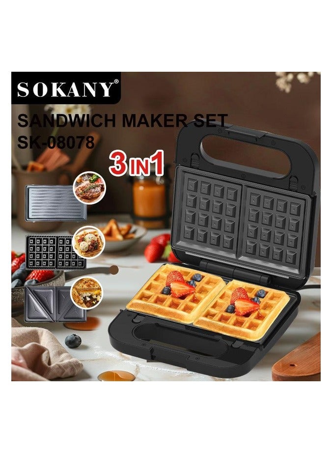 Multimaker 3 in 1 SOKANY SK-08078 waffle maker for Belgian waffles, sandwich maker 1200W Black