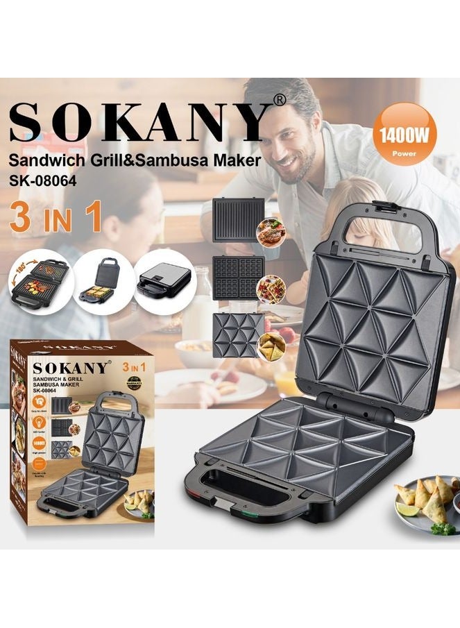 Sokany 3 In 1 Multifunctional Sandwich Maker, 3 Plates, 1400 Watt, Black - SK-08064