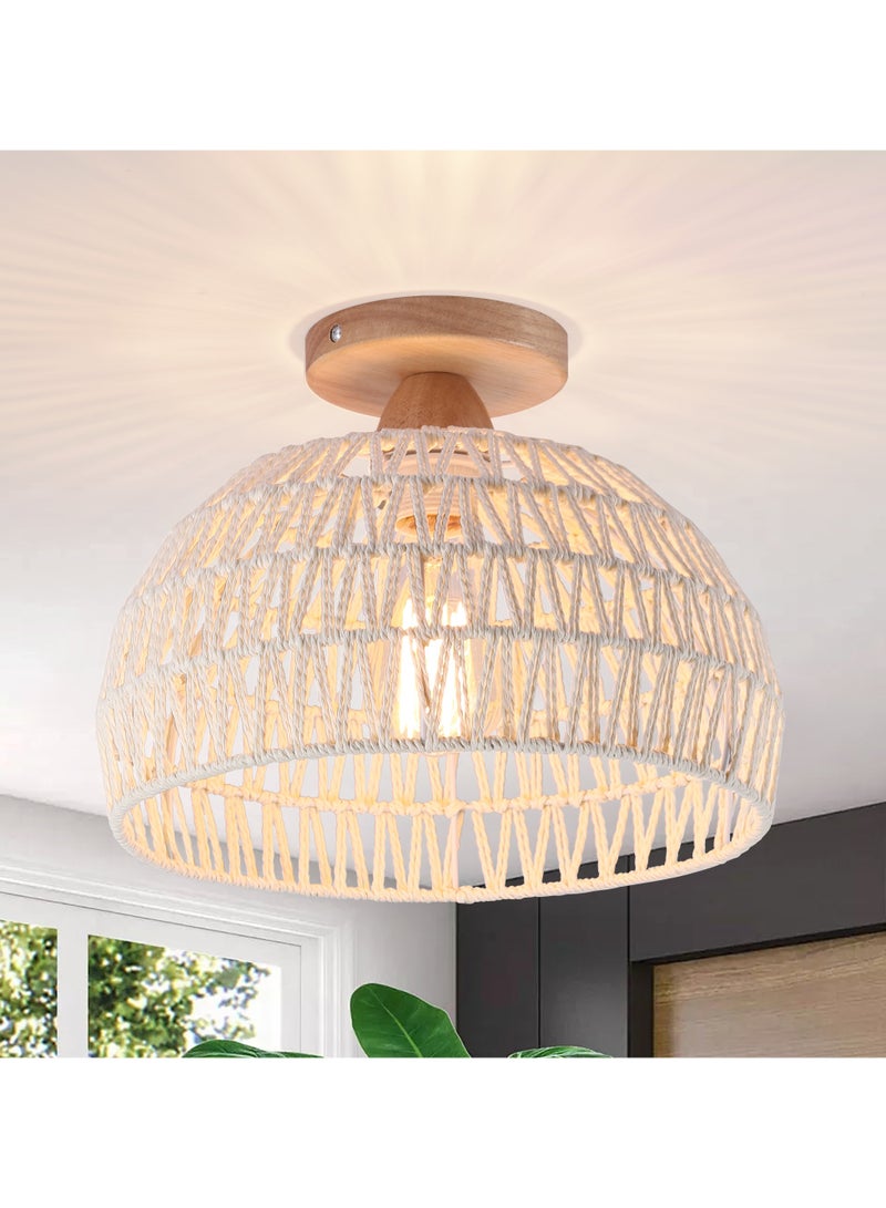 Rattan Ceiling Light, Boho Semi Recessed Ceiling Light, Handmade Rattan Lighting Fixtures, E27 Vintage Chandelier Rustic White Ceiling Lamp for Living Room Bedroom Dining Kitchen Hallway