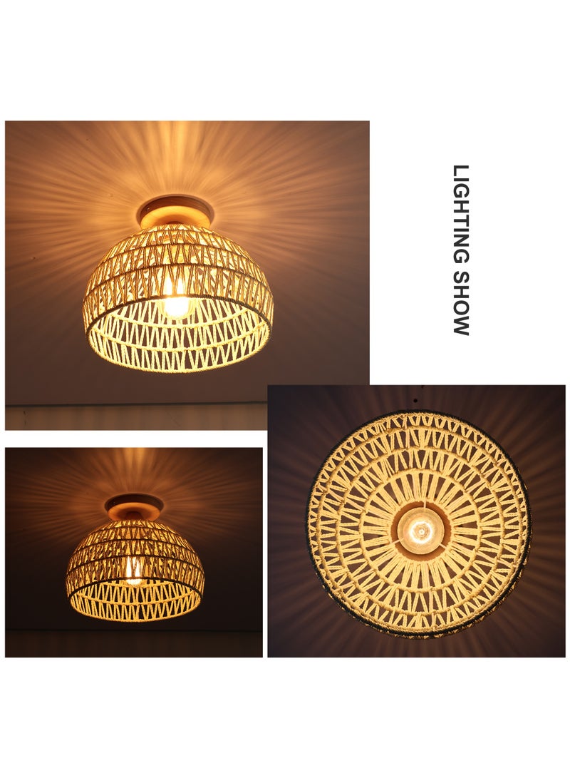 Rattan Ceiling Light, Boho Semi Recessed Ceiling Light, Handmade Rattan Lighting Fixtures, E27 Vintage Chandelier Rustic White Ceiling Lamp for Living Room Bedroom Dining Kitchen Hallway